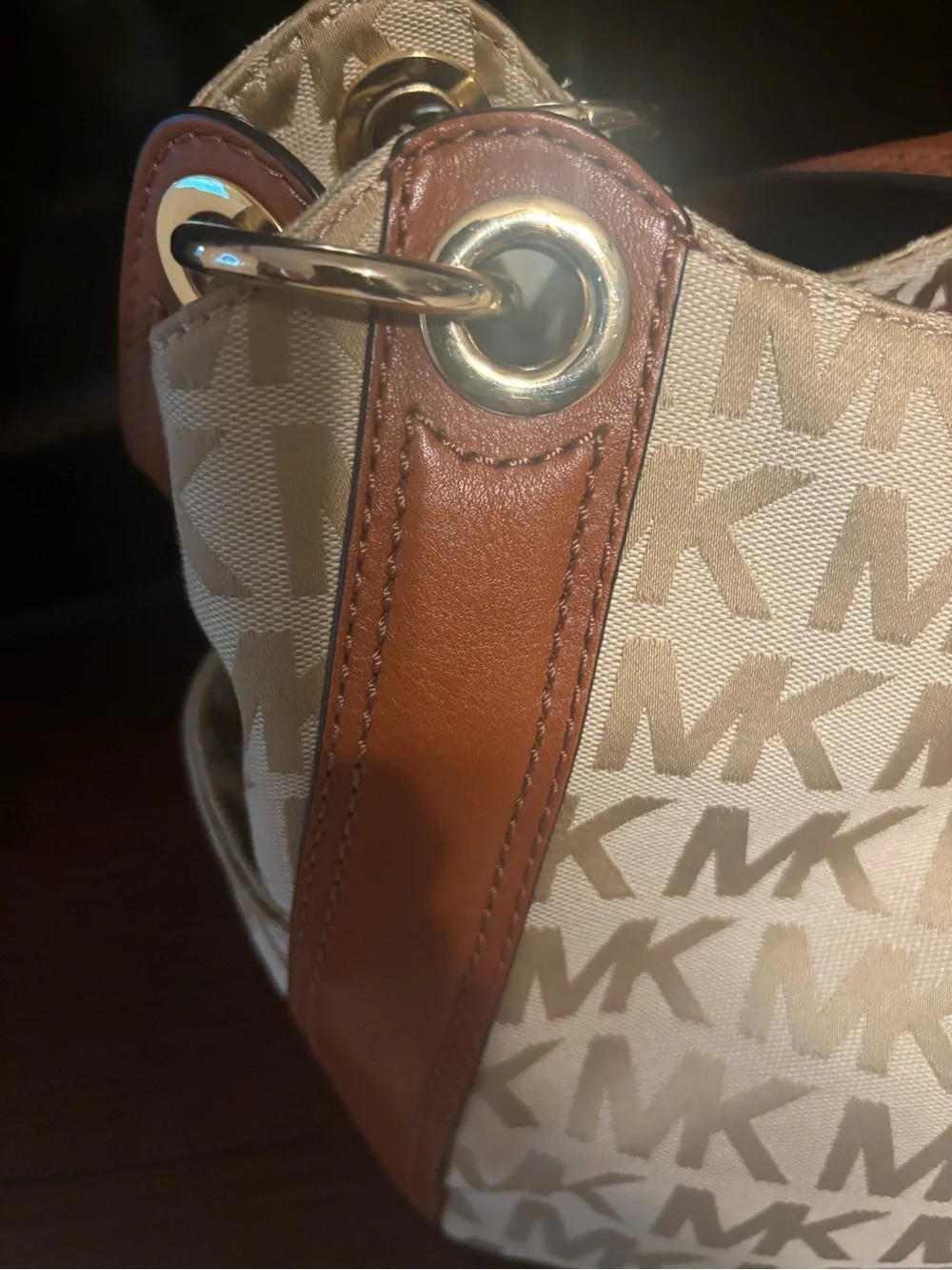 Michael Kors Cream & Tan MK Signature Drawstring Tote with Matching Wallet
